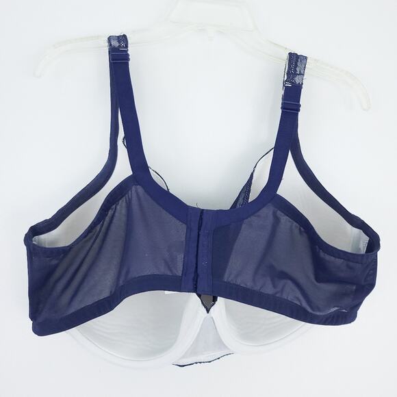 Cacique Modern Lace Covered Lightly Lines Balconette 46DDD Bra Navy Blue White - Picture 2 of 4